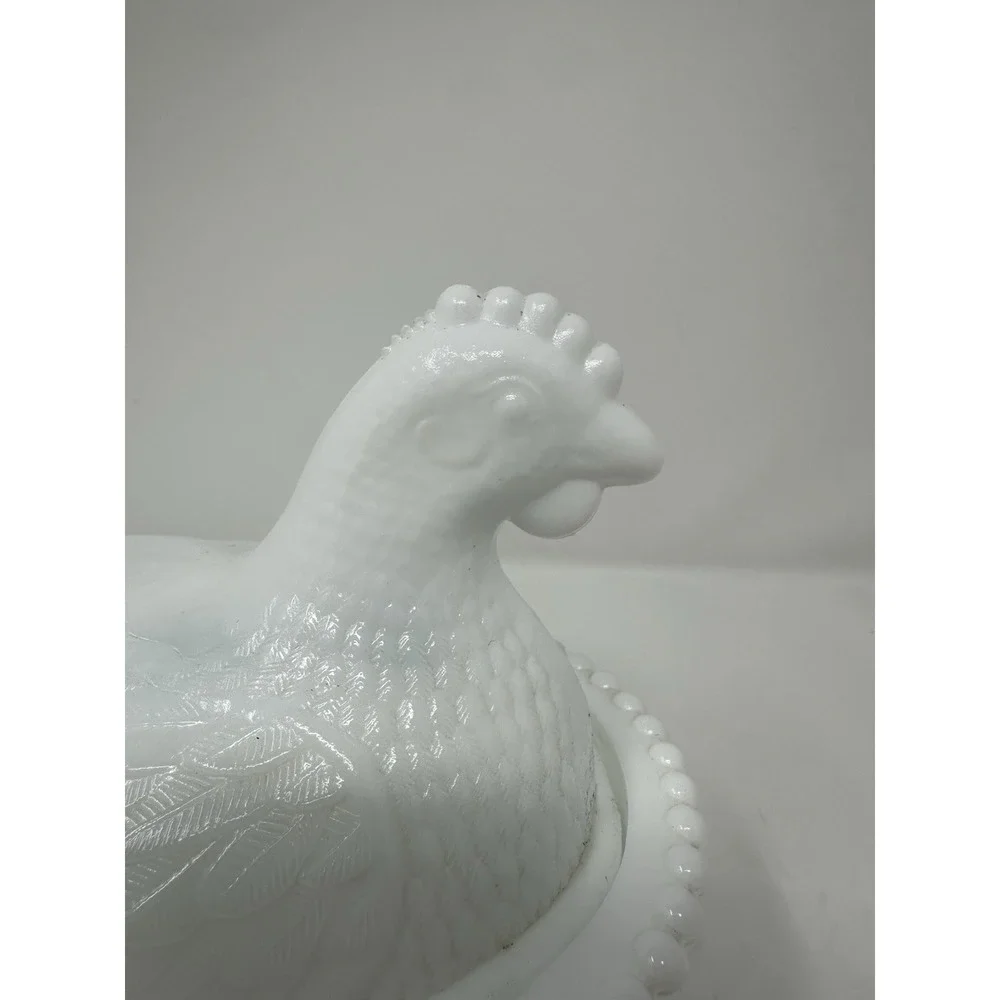 Indiana White Milk Glass RETICULATED Beaded Rim Hen On Nest - VHTF